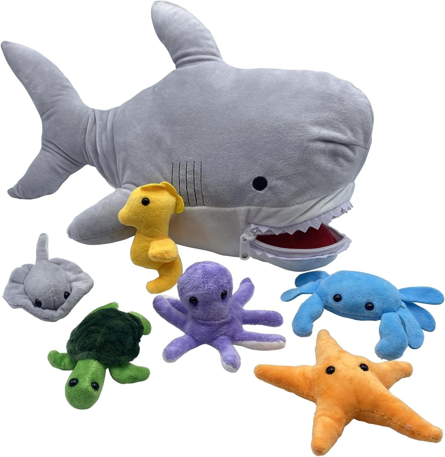 JDS Toy Store Handcrafted Plush Great White Shark Stuffed Animal with 6 Baby Sea Animals Inside for